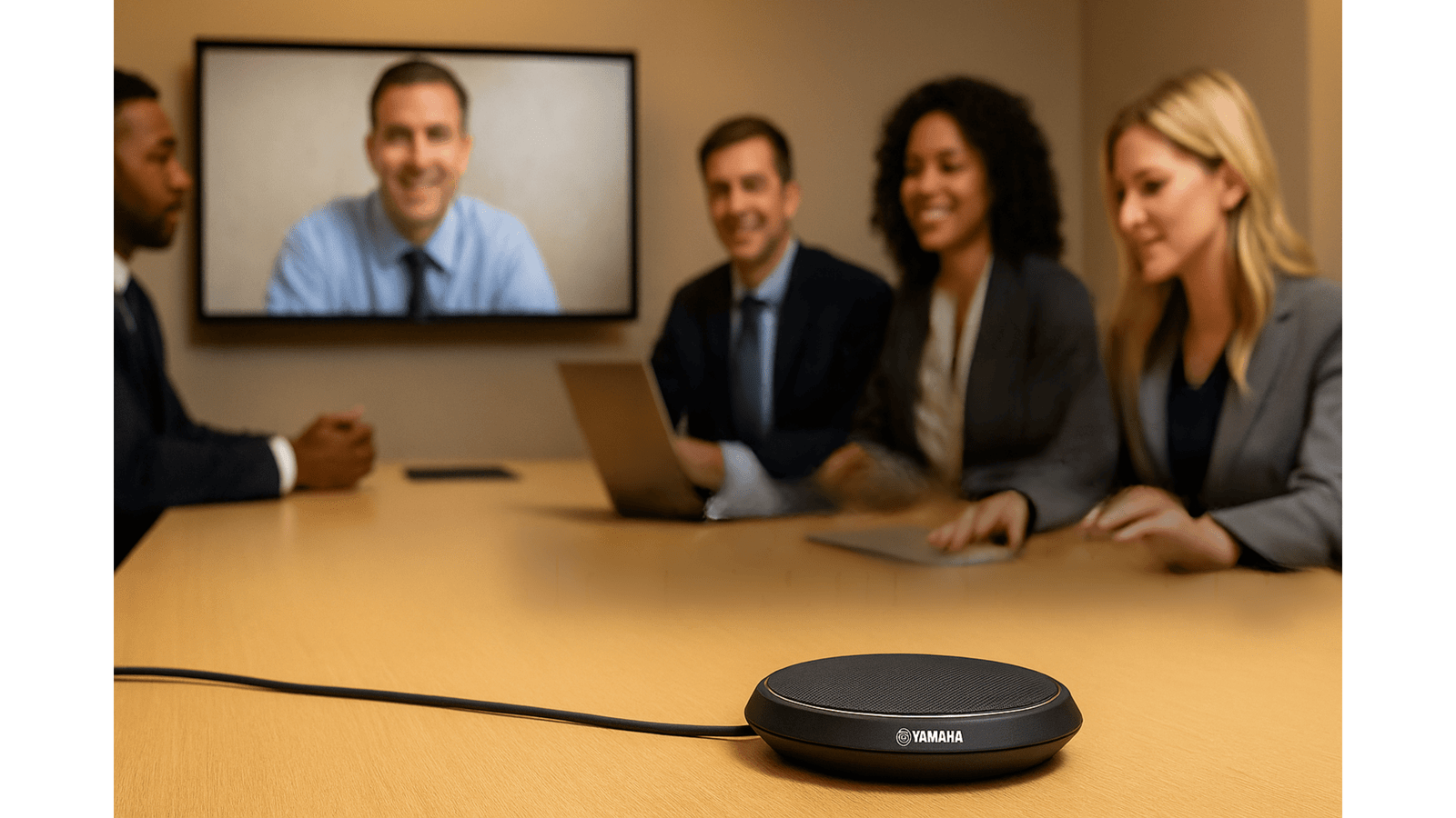 Yamaha wired boundary microphone on a boardroom table during a video conference